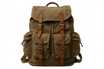 Khaki canvas backpack featuring brown leather straps, positioned in studio setting against transparent backdrop