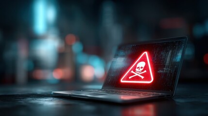 Laptop displaying skull warning symbol with red alert sign