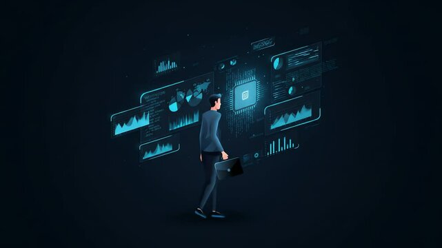 Man walks amidst tech graphs cyan charts and a central microchip stand out against the dark background