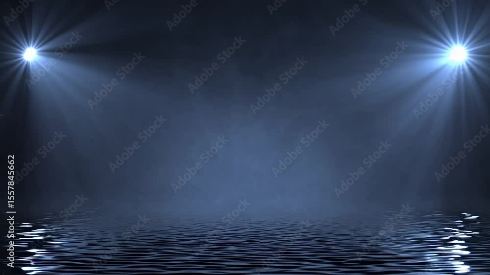 Poster light beams piercing through dense fog, casting mysterious shadows over dark water surface, creating