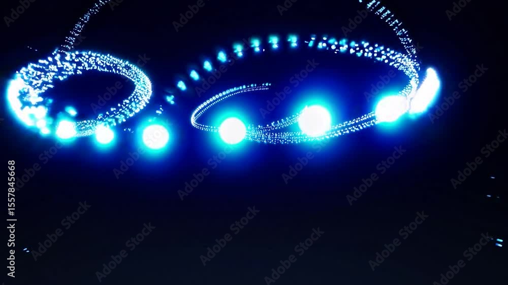 Poster dynamic light particles rotating and interweaving, creating mesmerizing geometric patterns against d