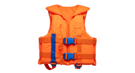 Bright orange life jacket with blue buckles isolated on transparent background