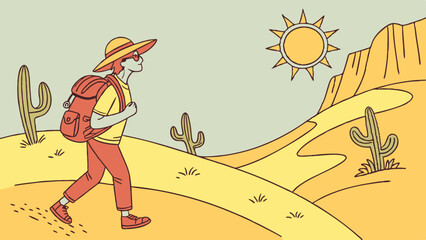 Obraz premium Solo Traveler Hiking Through a Sunny Desert Landscape with Cacti and Winding Path, Adventure Illustration