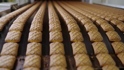 Cookies moving along conveyor belt in food processing plant