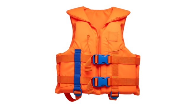 Bright orange life jacket with blue buckles isolated on transparent background