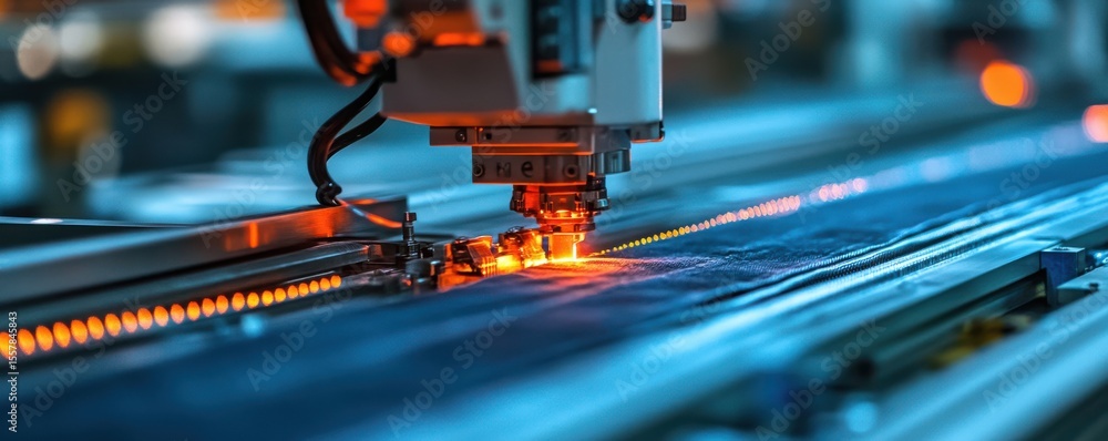 Poster automated laser cutting machine processing fabric sheets in a modern textile factory
