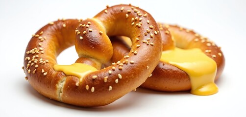 Soft pretzel with cheese sauce. Delicious snack isolated on white background. Sesame seeds sprinkle bread. Close-up shot, perfect food photo for menu, advertising or food blog content.