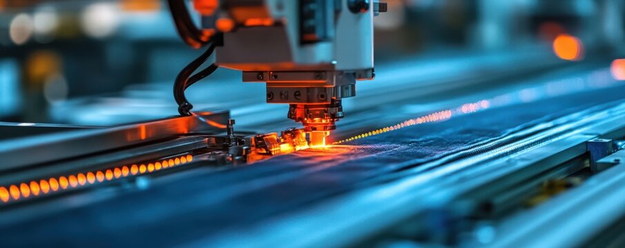 Automated laser cutting machine processing fabric sheets in a modern textile factory