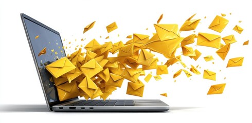 Naklejka premium Yellow Envelopes Bursting from a Laptop Symbolizing Communication and Emails