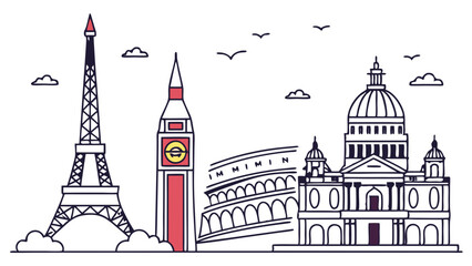 Obraz premium Minimalist Line Art Illustration of Iconic European Travel Landmarks and City Skyline with Red Accents