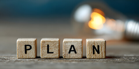 Plan and Lightbulb: The wooden blocks spelling out "PLAN" are positioned prominently, the clear lightbulb casting a gentle glow symbolizing creativity, with a soft focus background.