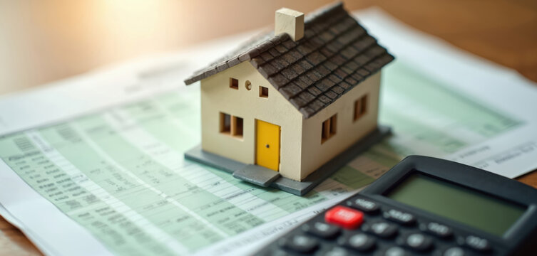 House model, calculator on finance report. Homeownership concept, real estate investment, mortgage calculation, property planning. Financial planning for buying selling, renting house. Loan interest