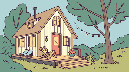 Cozy Rustic Cabin in Nature with Porch and String Lights Illustration, Idyllic Woodland Retreat Vector Art