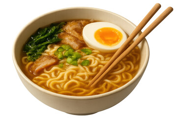 Japanese ramen bowl featuring sliced chashu pork, soft-boiled egg, green onions, nori seaweed, wooden chopsticks against clean white background