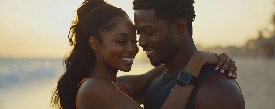Romantic couple embracing on the beach at sunset