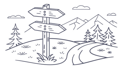 Obraz premium Line Art Illustration of a Wooden Signpost at a Mountain Crossroads with Path and Pine Trees, Outdoor Travel Concept
