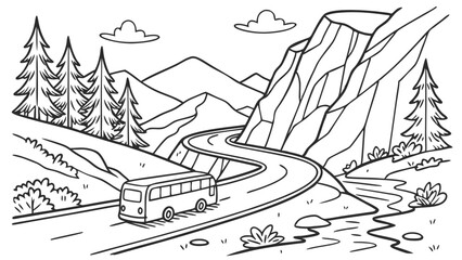 Bus on Winding Mountain Road Line Art. Scenic Landscape with Trees and River. Travel and Journey Concept Illustration.
