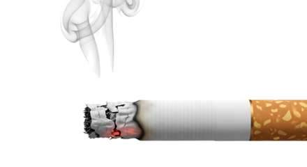 Close up of a burning cigarette with smoke rising isolated on transparent background