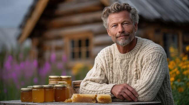 Middleaged artisan beekeeper with saltandpepper hair