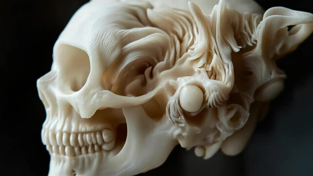 A close up of a human skull on a black background