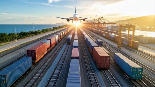 Cargo airplane landing above freight train shipping containers on tracks with cranes at the port, global trade with clear sky and sunrise