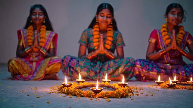 Three young girls in traditional indian clothing are sitting cross-legged, their hands clasped together in prayer, encircling a collection of lit diwali oil lamps and marigold flower petals