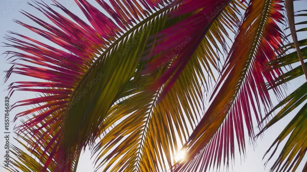 Poster sunlight filtering through vibrant green and pink palm leaves, creating mesmerizing patterns and evo