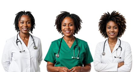 Different set of African woman in white and green outfits lab coat shirt ,scrubs with sethoscope around their necks with black  braid hair isolated against transparent background