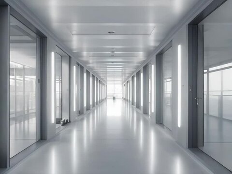 Endless gray corridor with office-style doors &mdash; unsettling institutional space under cold lighting.