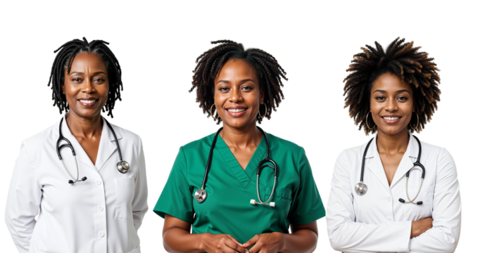 Different set of African woman in white and green outfits lab coat shirt ,scrubs with sethoscope around their necks with black  braid hair isolated against transparent background