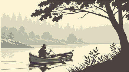 Person Paddling Canoe on Calm Lake, Forest and Mountains, Vintage Monochrome Outdoor Illustration