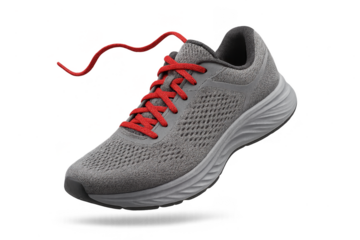 Gray running shoe with red laces isolated on transparent background, mockup