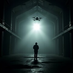 person standing empty warehouse drone flying above person facing away camera appears looking drone warehouse has high ceiling skylight above walls floor concrete light drone shining through ceiling