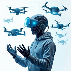 person wearing hoodie virtual reality headset person standing front white background multiple drones flying around drones blue color appear flying different directions headset has futuristic design