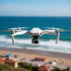 white drone flying over beach ocean background drone has four propellers camera mounted front beach sandy several houses buildings visible distance sky blue ocean beautiful turquoise color appears