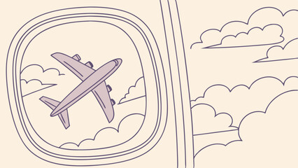 Airplane Window View: Minimalist Illustration of Aircraft Flying Through Clouds on a Sky Journey