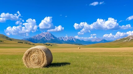 Serene landscape with hay bale and majestic mountain range under blue sky