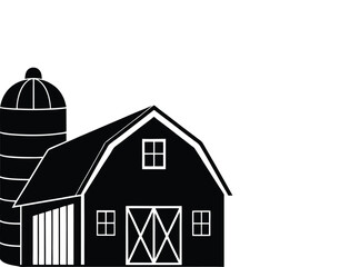 Barn with Silo Silhouette,  Farm Building Vector Illustration.
