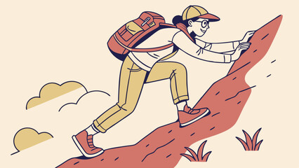 Illustration of a Hiker Climbing a Steep Mountain with Backpack, Representing Challenge and Adventure