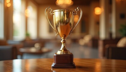 Golden trophy on wooden base symbolizes achievement success. Award display in warm inviting setting. Suitable for awards ceremonies recognition events. Shining prize winning concept.