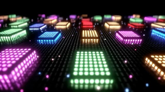 A dark lowangle perspective of colorful luminous rectangular blocks arranged on a grid (AI Video)