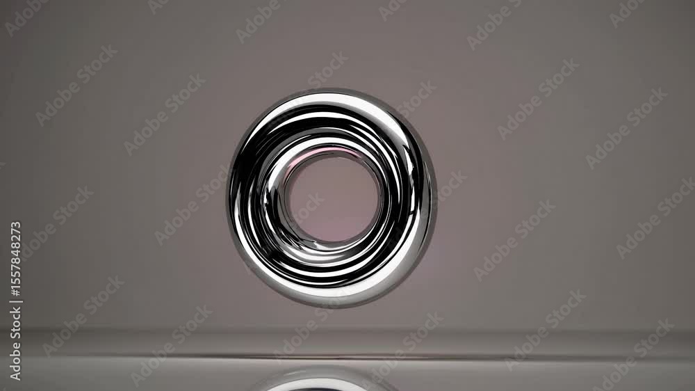 Poster chrome torus hovering weightlessly above reflective surface, transforming with vibrant background co