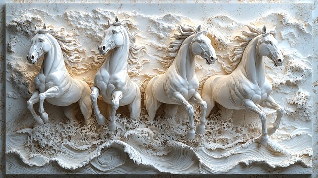 Three white horses in a dynamic, sculpted relief.