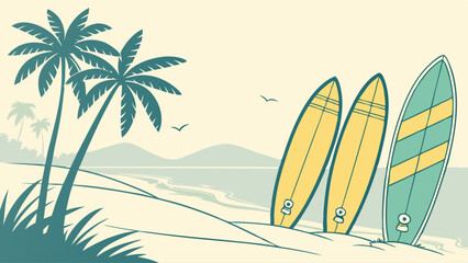 Retro Beach Illustration with Surfboards and Palm Trees. Summer Coastal Vacation Scene.