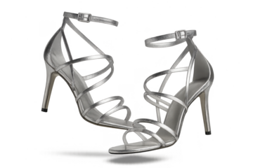 Elegant silver high heels isolated on transparent background, stylish shoes