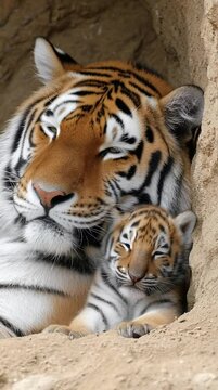 a tiger mother tries to sleep as rambunctious cub annoys her
