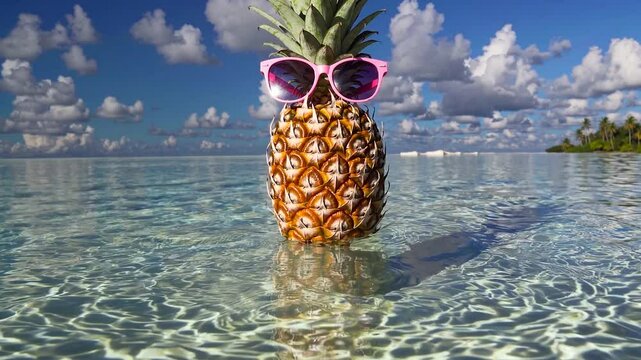 Ripe pineapple wearing pink sunglasses floating lazily in shallow, crystal-clear turquoise waters near tropical island with cloudy sky stretching across horizon