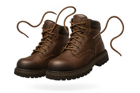 Pair of brown leather work boots isolated on a transparent background, robust