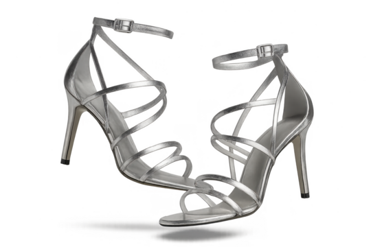 Elegant silver high heels isolated on transparent background, stylish shoes