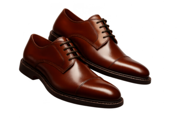 Elegant brown leather oxford shoes isolated on a transparent background, shiny
